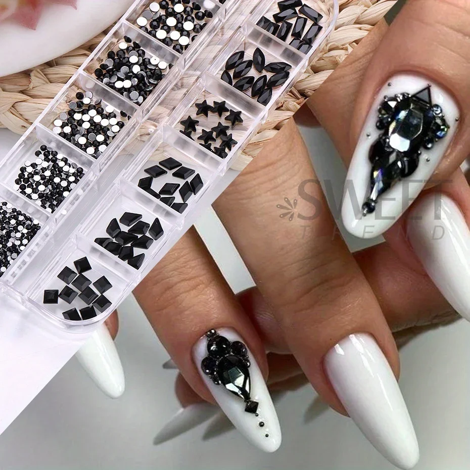 12Grid Black Glass Crystal Nail Rhinestones Flatback Odd Shaped Diamond Star Square Design Jewelry With Tweezers Decor Accessory