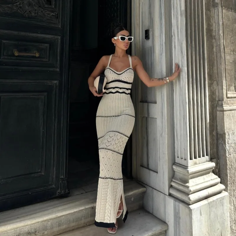 

Women's Sexy Hollow Out Spaghetti Strap Long Dress Contrasting Knit Elegant Backless Side Slit Holiday Party Maxi Dress TYFS34