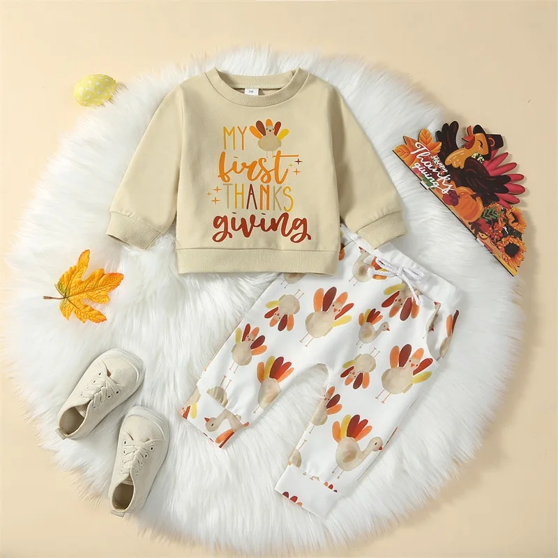 Baby 2 Pieces Thanksgiving Outfit Cute Letter Turkey Print Long Sleeve Sweatshirt Pullover and Pants Set for Infant Fall Clothes