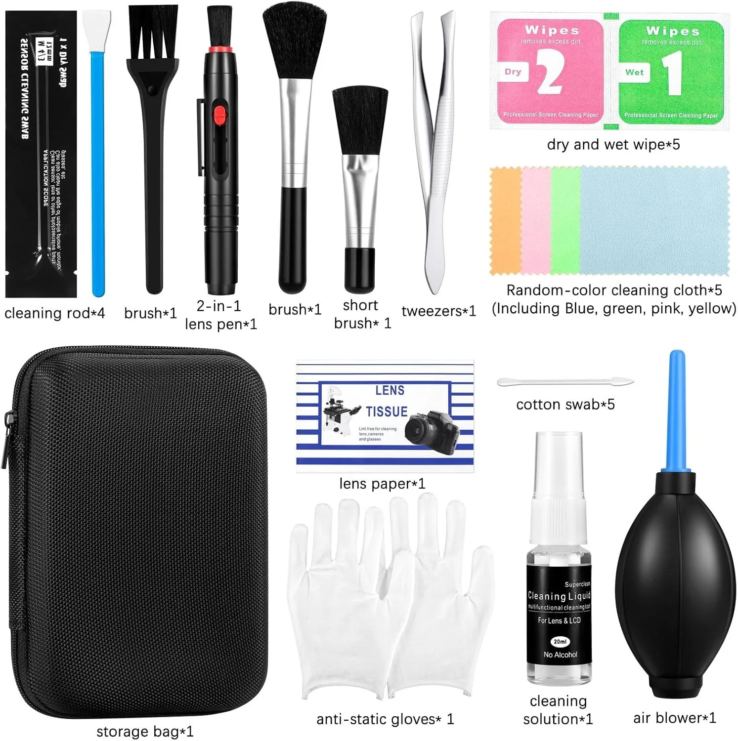 Souffleur en caoutchouc et pinceau pour dépoussiérer un appareil photo reflex, kit de nettoyage pour appareil photo 13-en-1