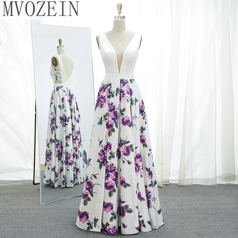 

Floral Evening Dress 2023 Flower Pattern Long V Neck Colorful Prom Dress Formal Party Gown Abendkleider Vestido robe de soiree