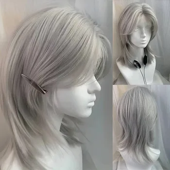 Parrucca sintetica Lolita Fronte Pizzo Coda di lupo Capelli corti ricci grigio argento Stratificazione Parrucca soffice quotidiana Testa piena Unisex Quotidiano Ciao