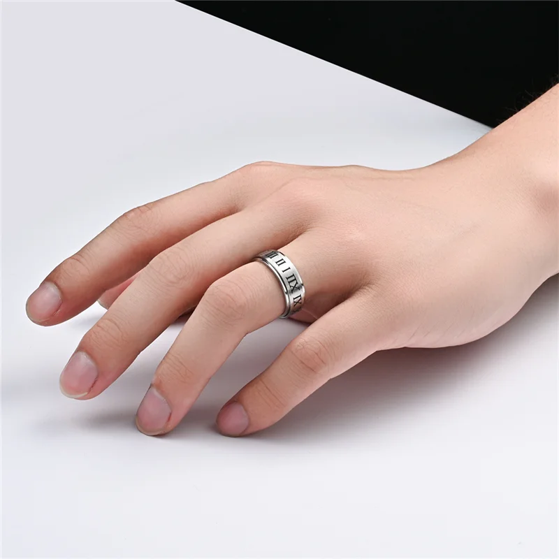 Roman Numerals Anti Stress Stainless Steel Ring For Men Punk Figure Chain Rotating Anxiety Spinning Fidget Rings Bague Homme stainless steel rings