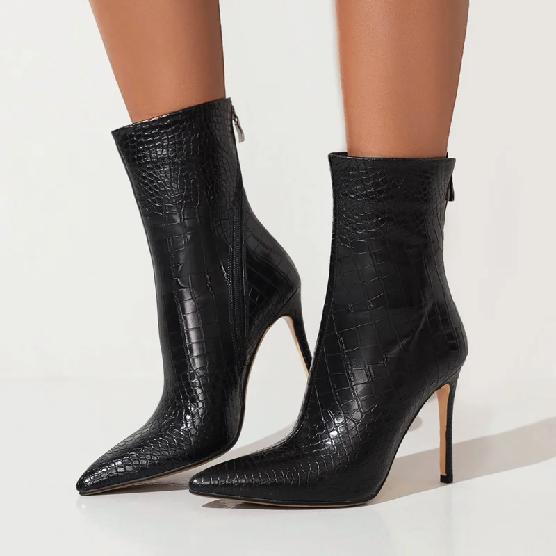 

nightclub shoes big size print microfiber sexy ankle boots woman new classic design pointed toe stiletto high heel party shoes