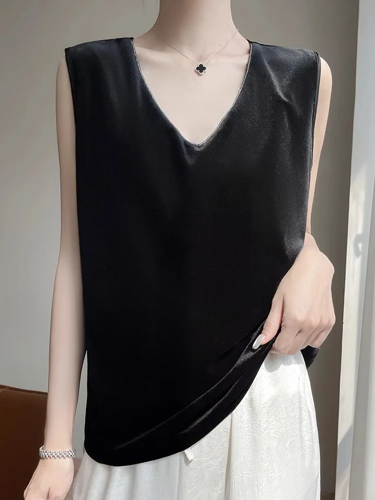 Velvet Strap Vest Sexy Inner Wear Bla Lace Trim Splice V-ne 2025 Summer Base Mom's Women's Top Lace Trim Splice Vest