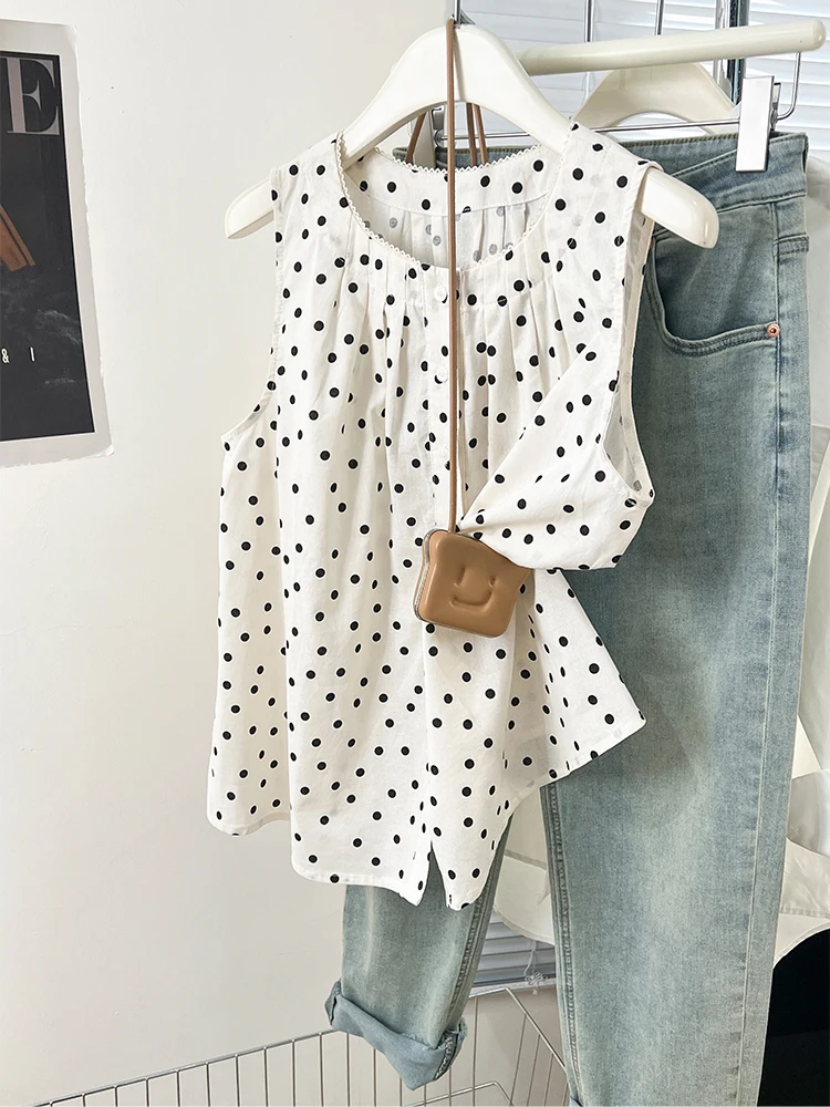 여성용 민소매 탱크 탑, 캐주얼 루즈 폴카 도트 탑, 섹시 O-넥 심플 셔츠, 2024 여름 휴가 캐주얼 탑 