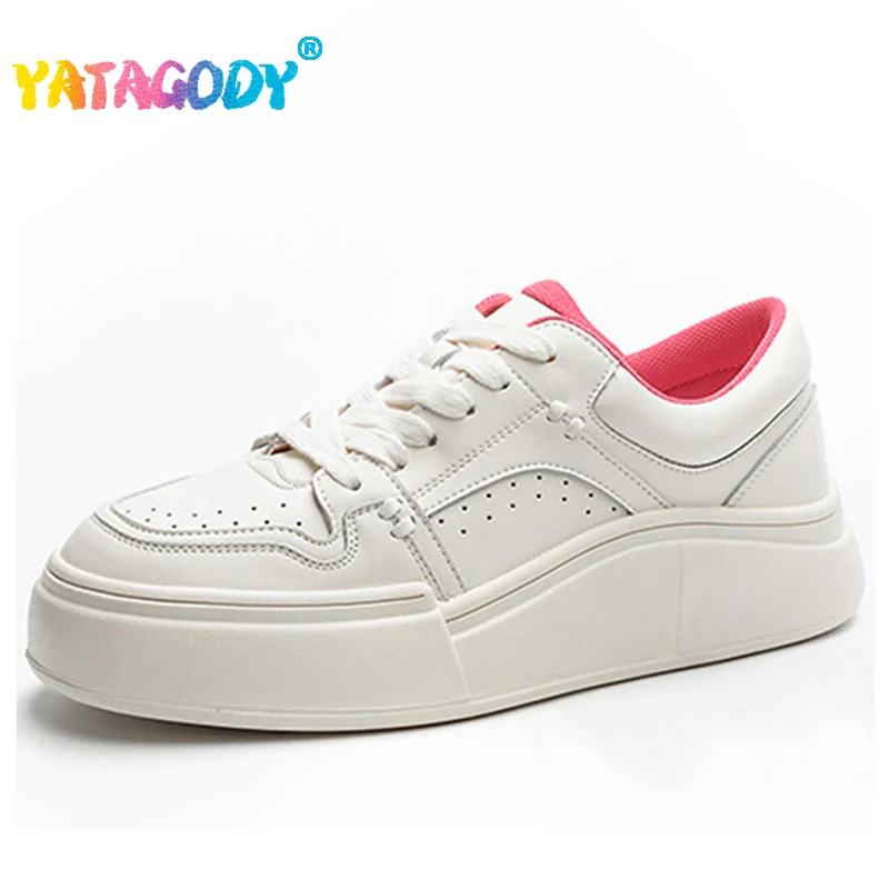 

YATAGODY Size 35-40 Women Sneakers Real Leather White Pink Wedge Shoes For Women Ins Fashion Platform Shoes Lace-Up Casual Shoes