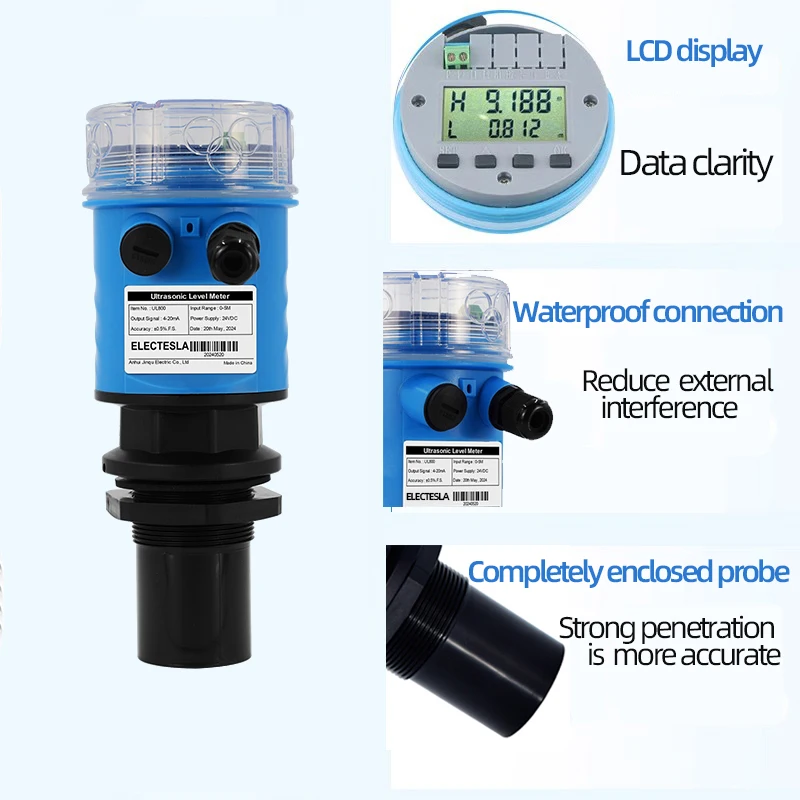 ES-UL800 10M 초음파 레벨 미터 탱크용 수위 송신기 4-20mA RS485 송신기 DC24V