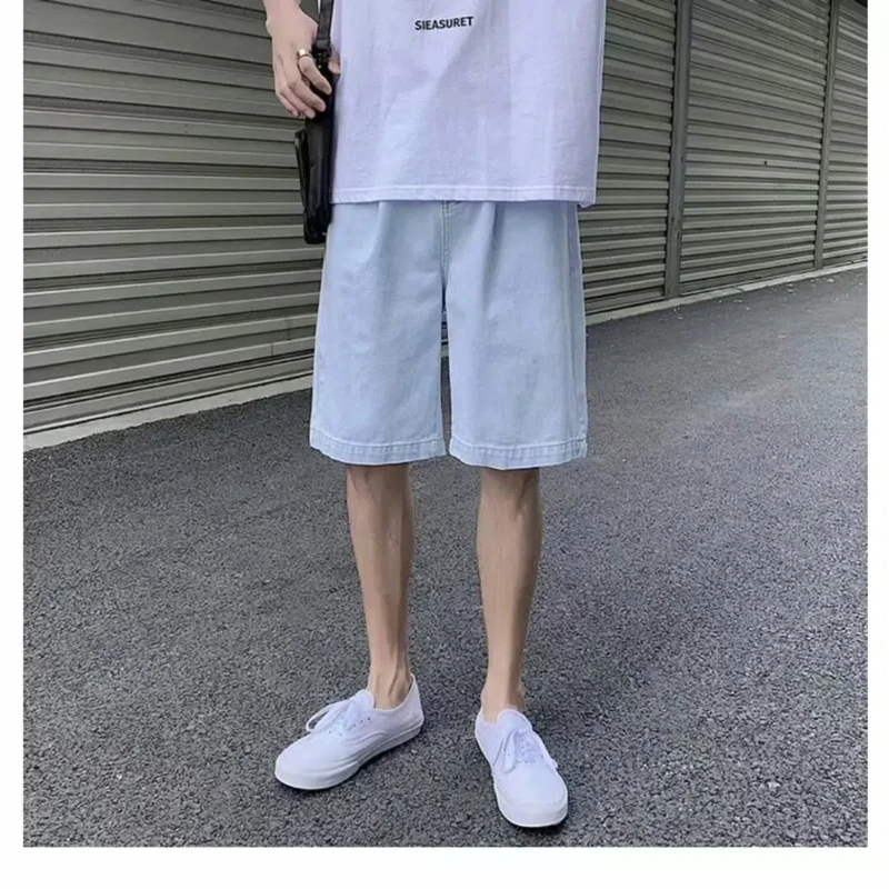 

2024 Men's Summer American Style Retro Denim Shorts Distressed Loose Trendy Solid Loose Elastic Waist Pockets Knee Length Pants