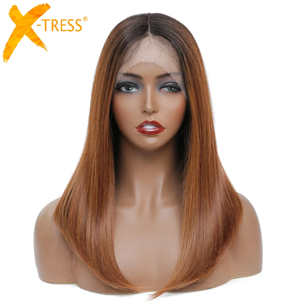 Bob Straight Synthetic Lace Front Wigs Ombre Brown Super Soft Natural Hair Wig With Baby Hair X-TRESS Black Women's Hairstyle