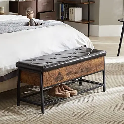 

Bench, Bed Bench for Bedroom, Industrial Shoe Bench with Padded Seat and Metal Shelf, 39"x17.7"x13.7" Entryway Bench Telescoping