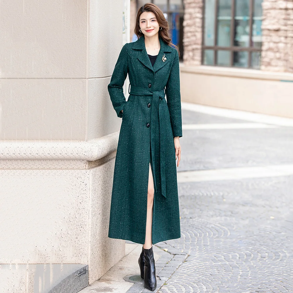New Women Autumn Winter Green  Bright Silk Woolen Overcoat Fashion Turn-down Single Breasted Slim Wool Blended Coat With Belt средство от сорняков green belt граунд 250 мл