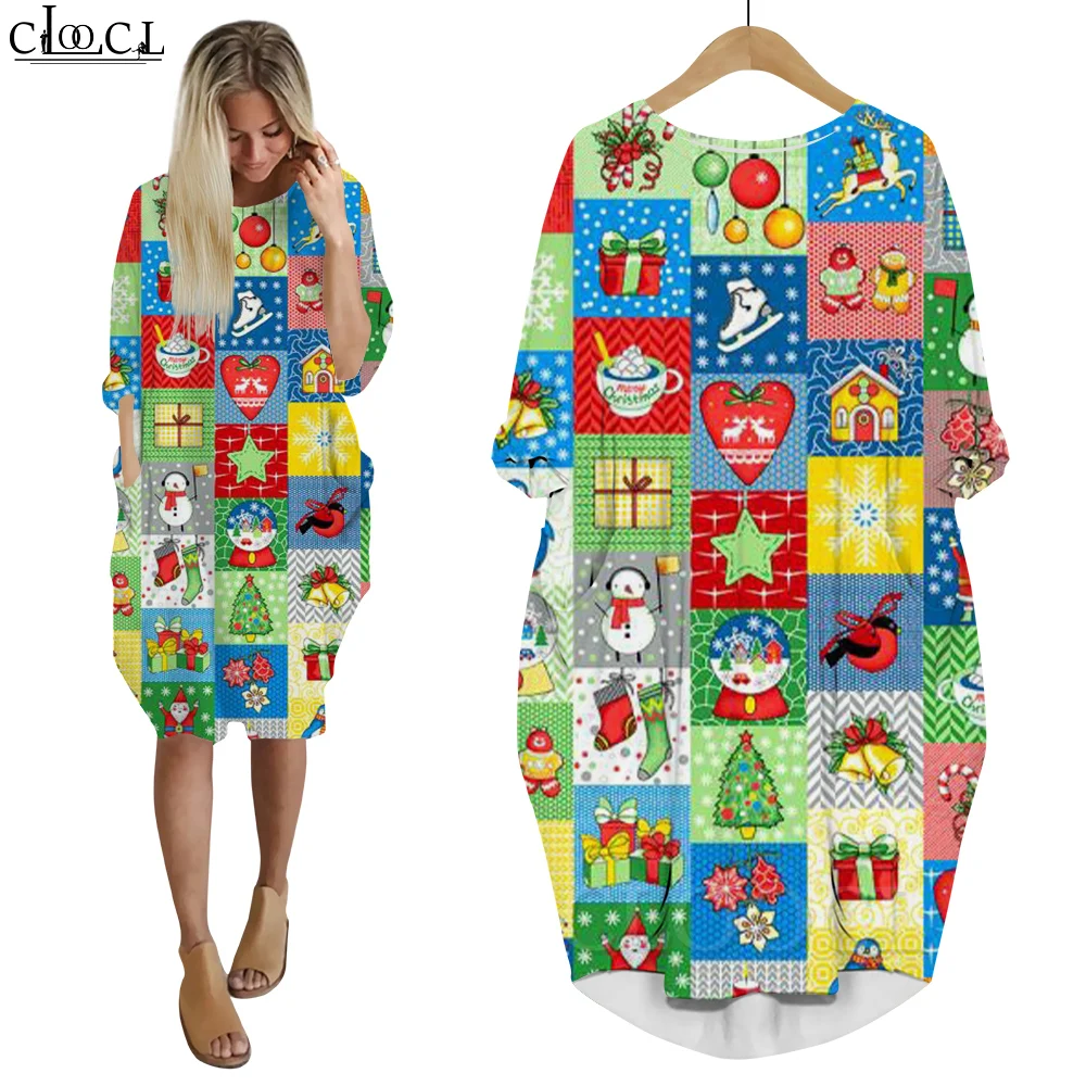 

CLOOCL Robe Dress Colorful Plaid Christmas Pattern Female Clothing Loose Casual Long Sleeve Autumn Dresses for Women 2022