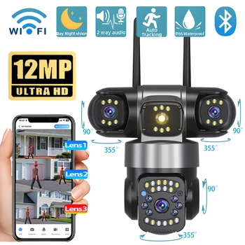 Telecamera di sicurezza WiFi IP 12MP 6K Sorveglianza esterna esterna Cctv Lenti triple Schermi Telecamere per visione notturna wireless