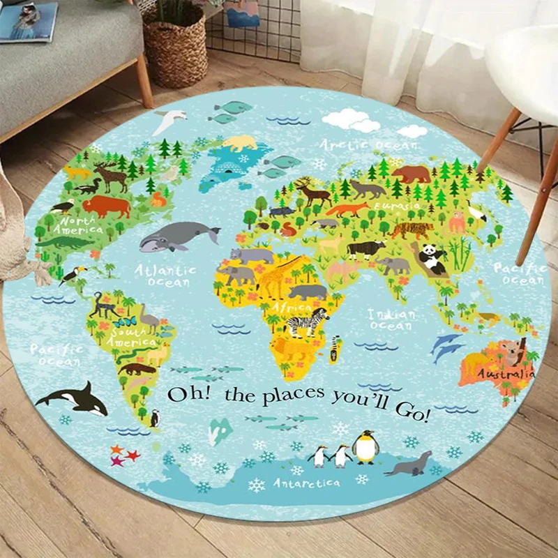Round World Map Kids Educational Rug - Non-Slip, Soft, Washable Animal Print Floor Mat for Playroom or Classroom