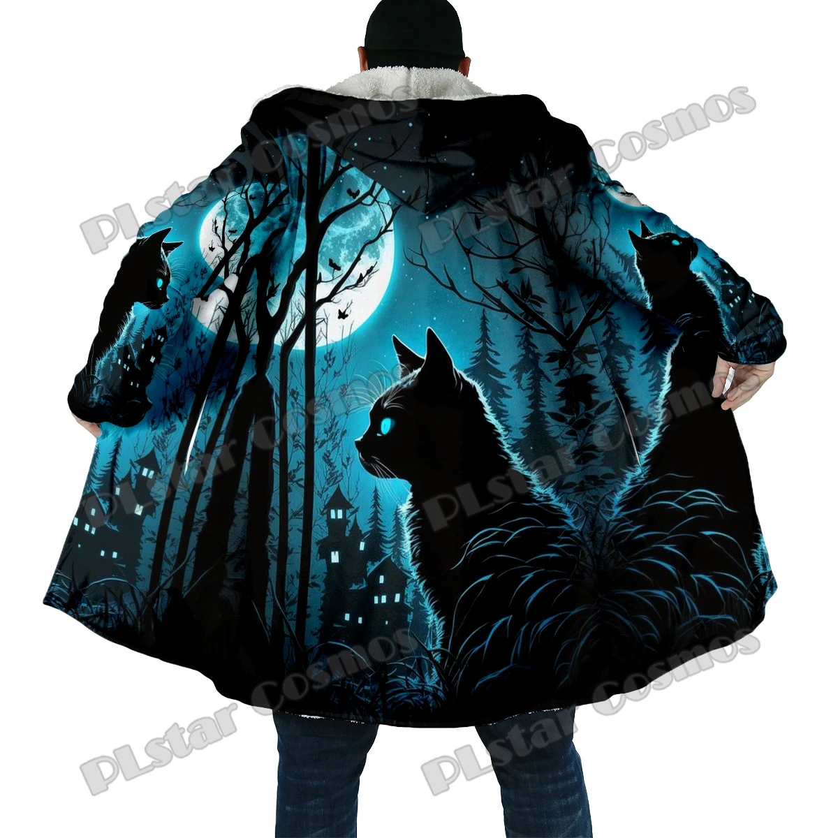 Winter Fashion Men's cloak Animal Cat Retro Pattern 3D Printed Thick Fleece Hooded Cloak Unisex Casual Warm Cape Coat DP70