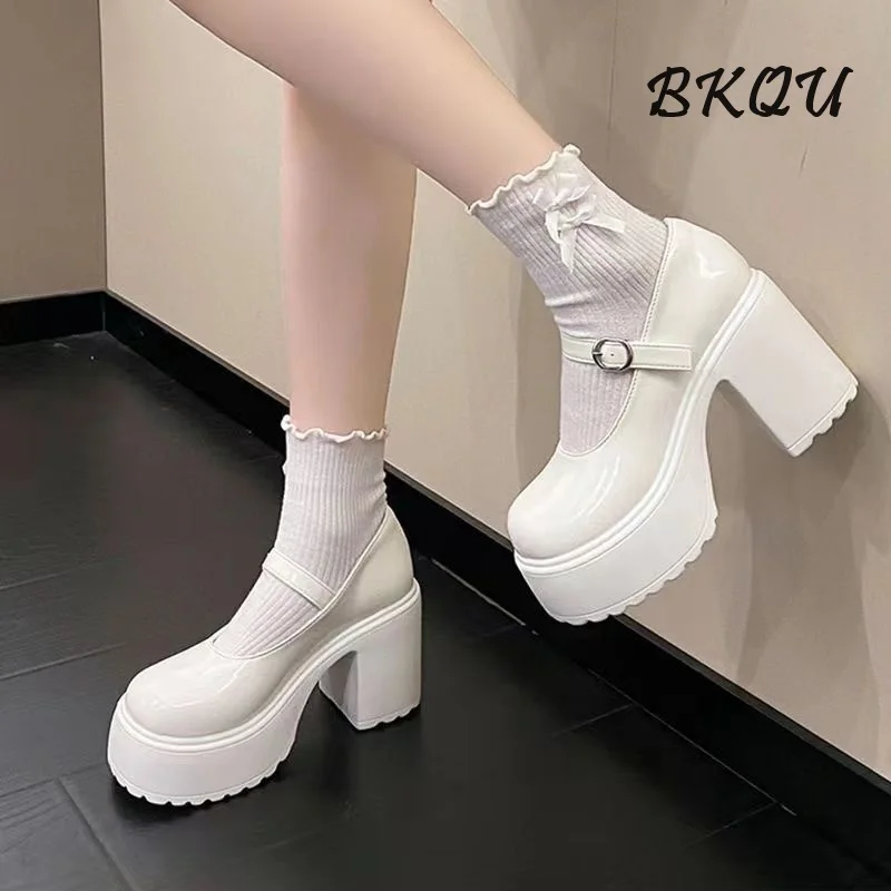 BKQU Brand 2024 Summer New Women's Mary Jane Shoes Lolita Retro Style Ultra High Heel 9cm Thick Heel Walking Safety