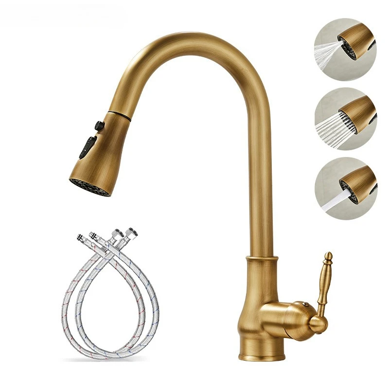 ก๊อกน้ำทองเหลืองสไตล์เรโทรแบบดึงออกได้สำหรับอ่างล้างจานในครัว  แบบหมุนได้สามโหมด น้ำร้อนและน้ำเย็น 1