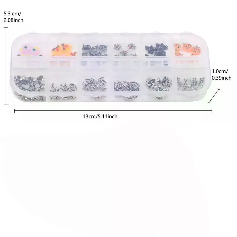 12 Grids/Box Halloween Nail Charms - Cartoon Ghost Pumpkin Spider Bat Nail Art Jewelry, DIY Manicure Decoration Accessories
