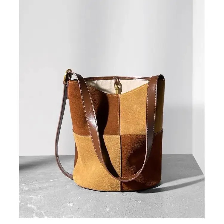 

Leather Multi-style Retro Bucket Bag Female Contrast Color Abrasive Leather Casual Shoulder Luxury Span Bag