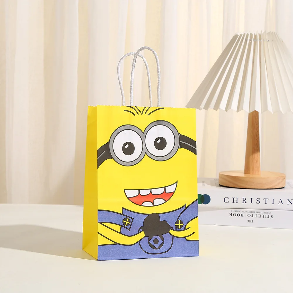 12/24pcs Despicable Me 4 Minions Birthday Theme Portable Paper Bag Cute Color Square Bottom Gift Packaging Bag Gift Storage paper gift bags