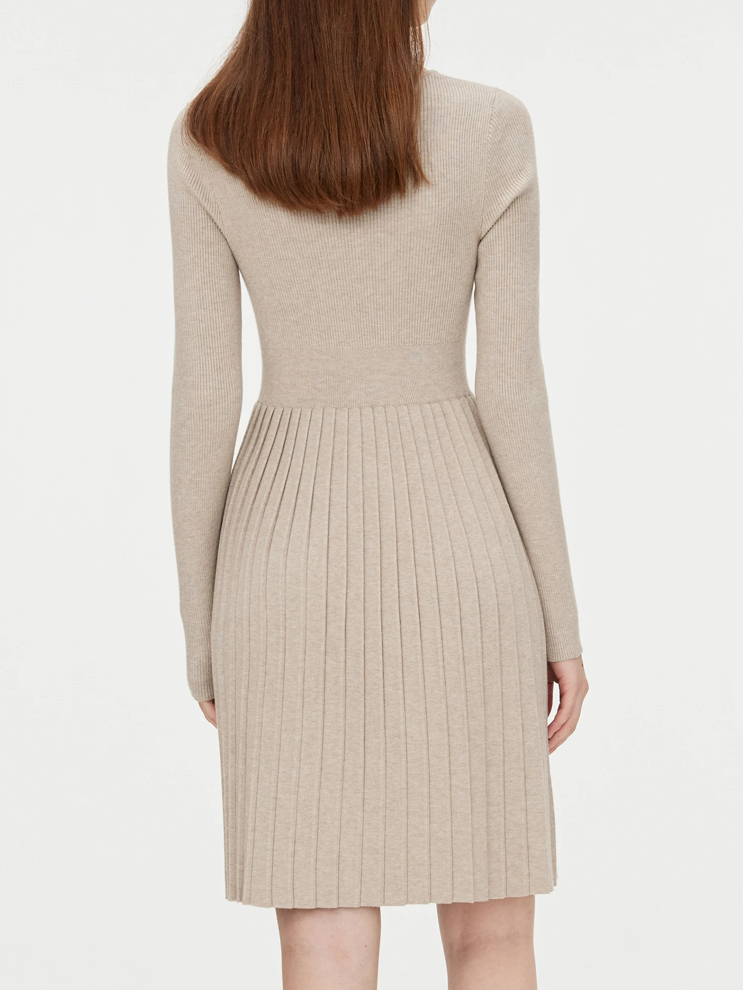 FSLE Women Knitted Square Neck Long Knee-Length Sweater Dress Autumn Gentle Oatmeal Color Female 24FS13267 knitted dress