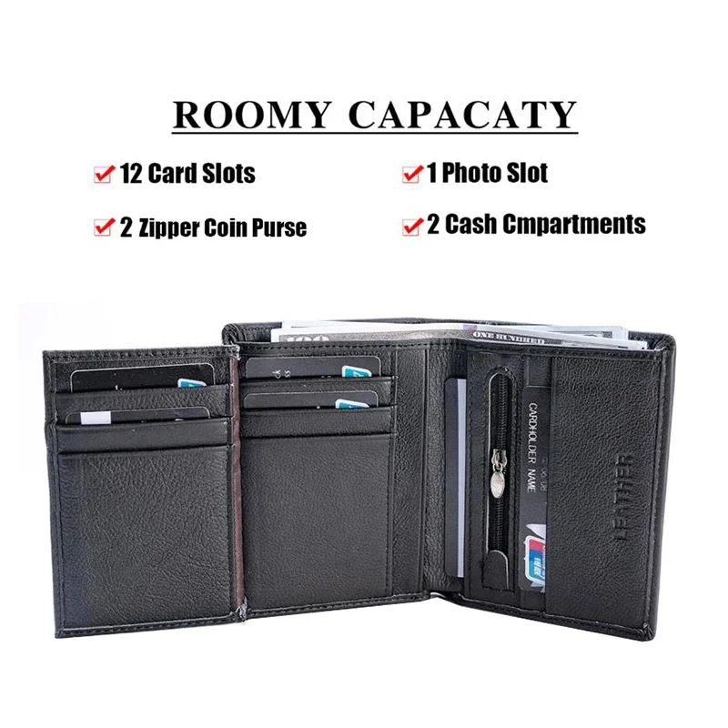 3-Fold Business Purse with Zipper Pocket & Multi-Card Slots Genuine Leather Men's RFID Blocking AntiTheft Wallet папернік  지갑