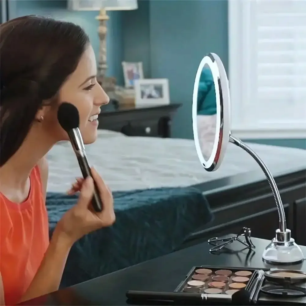 Flexible Gooseneck Makeup Mirror LED Light 10X Magnifying Mirror Suction Cup Bright Diffused Light 360 Degree Swivel