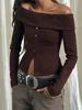 CHRONSTYLE Women Sweaters Long Sleeve Slash Neck Off-shoulder Tops Buttons Closure Solid Slim Fit Ladies Pullovers Clubwear 2025 2