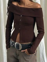 CHRONSTYLE Women Sweaters Long Sleeve Slash Neck Off-shoulder Tops Buttons Closure Solid Slim Fit Ladies Pullovers Clubwear 2025 2