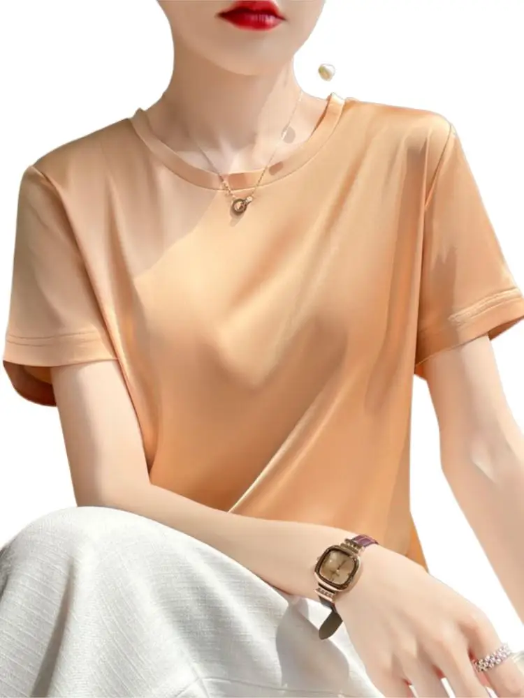 

Brand High Quality Women O-neck Shirt S-7XL Summer French Elegant Luxury Momi Silk Crepe Satin Soft Smooth Blouses Business Top