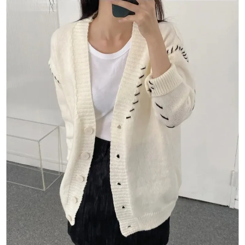 

2023 Autumn Winter Fashion Office Lady Knitting Long Sleeve Casual Cardigans Women's V-Neck Solid Color Warm Sweater Top
