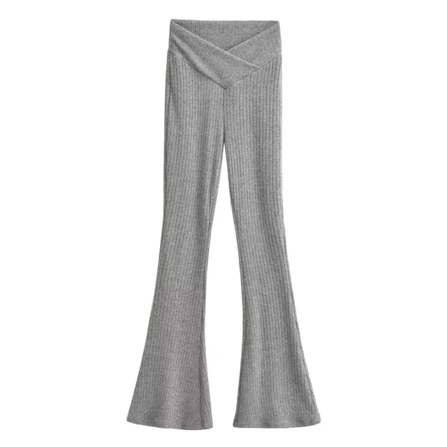 2023 American Retro Plain Solid Ribbed Flare Pants Woman V low