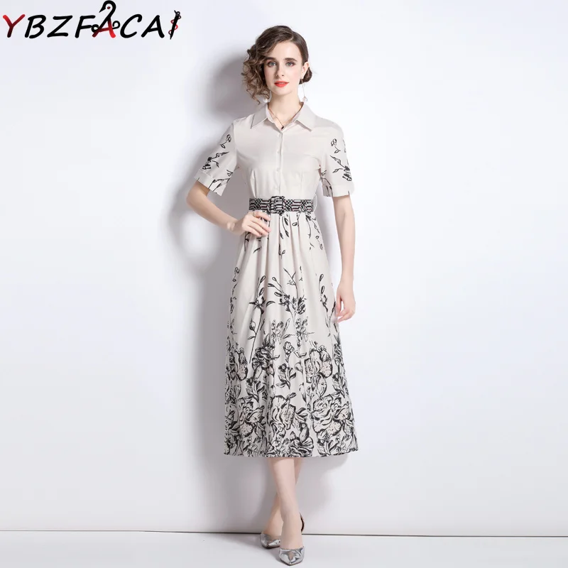 

Fashion Summer Shirt Dress Women High Quality Lapel Belt Slim A-Line Skirt Short Sleeve Print Dress Korean Office Midi Dress New