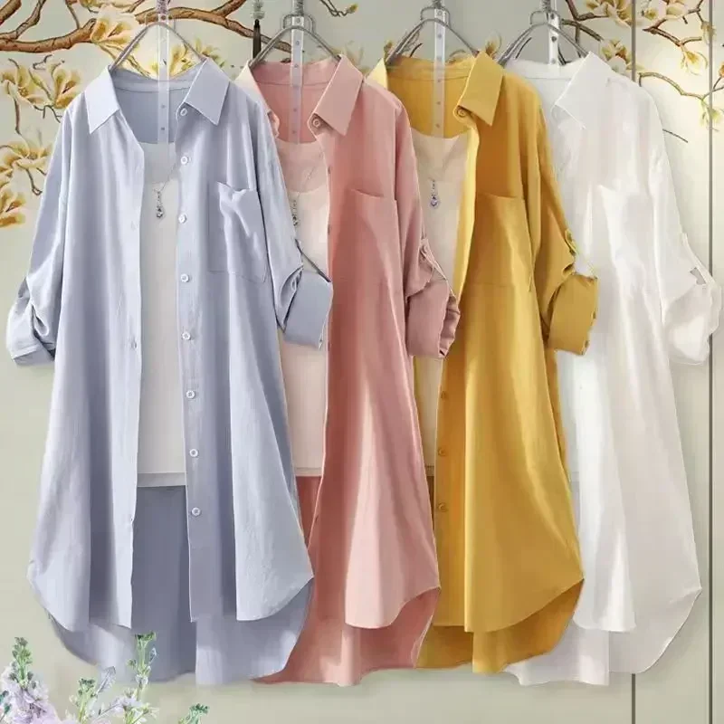Plus Size Loose Breathable Blouses Midi Shirt Korean Casual Autumn Shirts Women Simple Solid Female Long Sleeved Shirts Best Sellers In Plus Sized Clothing
