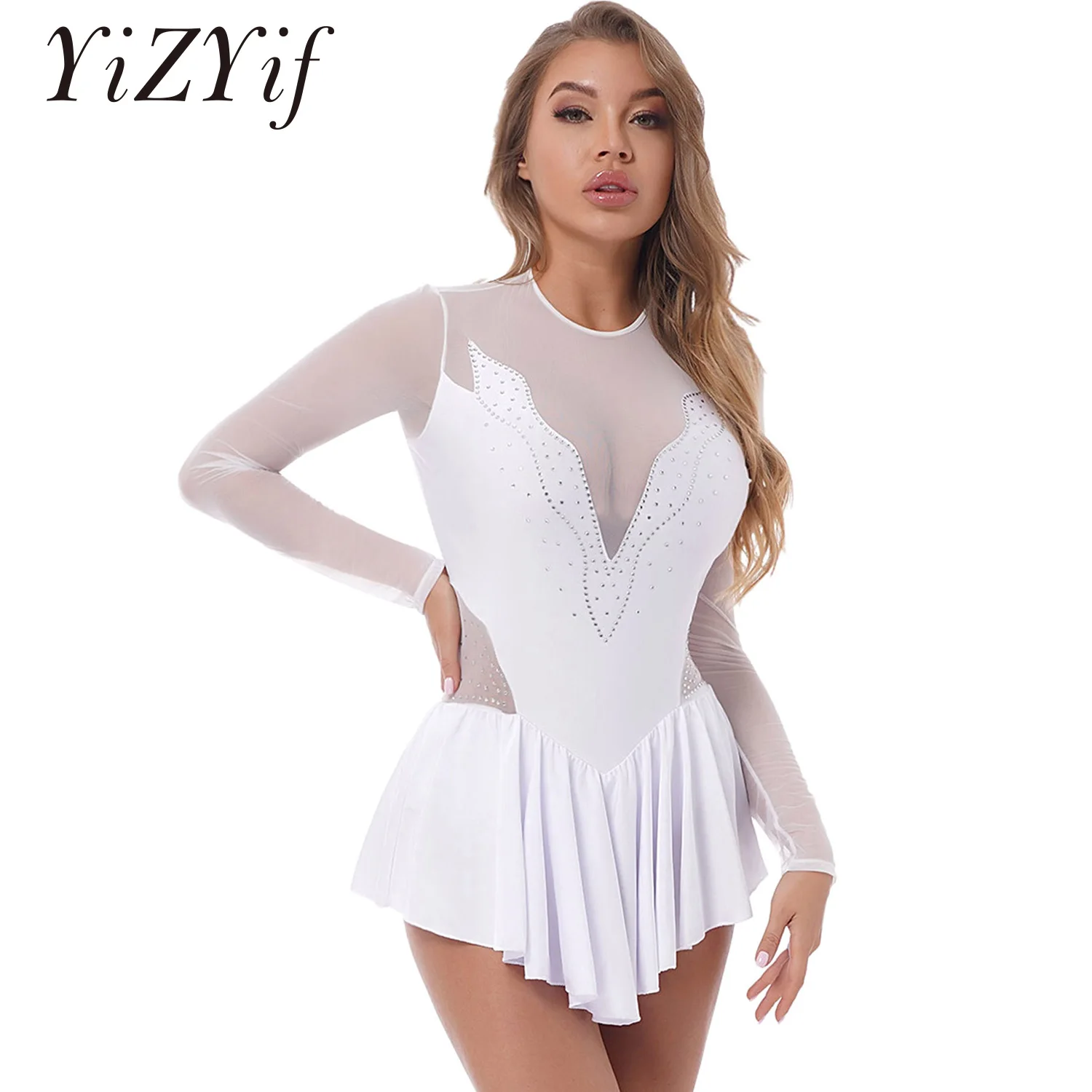 YIZYIF Robe Patinage Artistique Femme Manches Longues Justaucorps