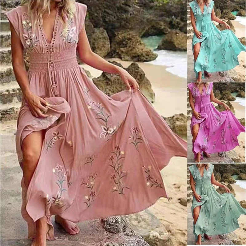 

Bohemian Women Dress Floral Print Lace-up Tassel Large Hem Dress Summer Vintage Maxi Dress Beach