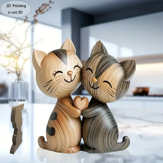 Wooden Kitten Couple Sculpture Charming 2D Flat Cat Enthusiast Gift Light and Dark Wood Grain Desktop Entrance Home Decoration 2