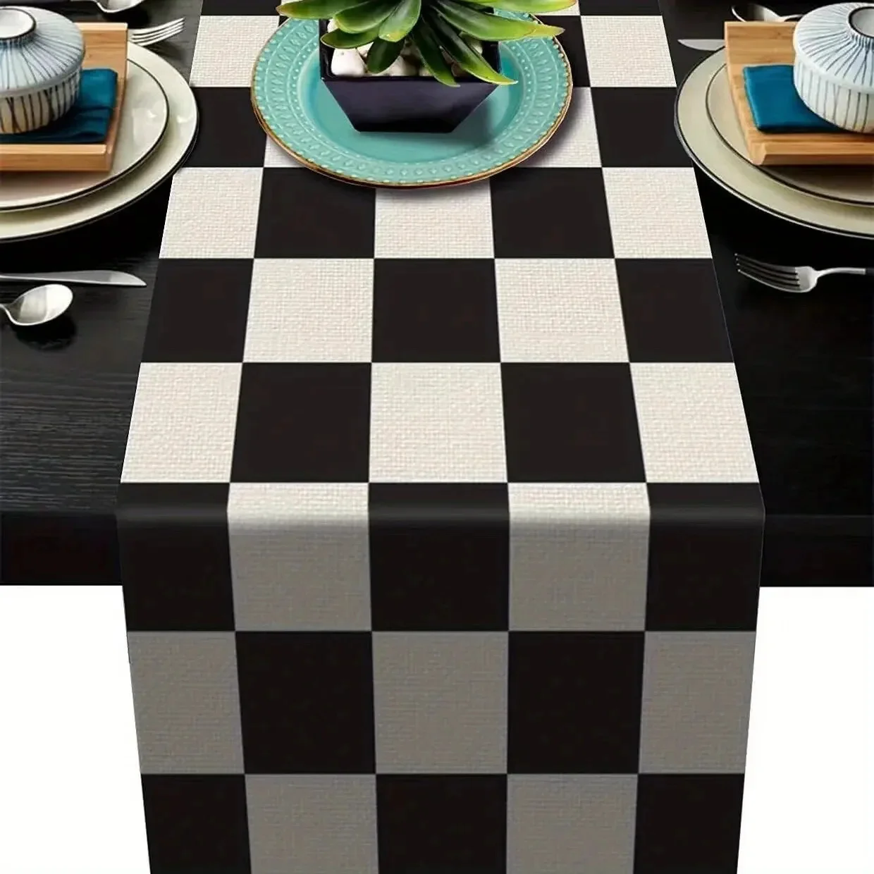 1pc Geometric Stripe Linen Table Runner, Modern Simple Black AndWhite Plaid Classic Vintage Table Cloth, Home Decoration 1pc Geo 2