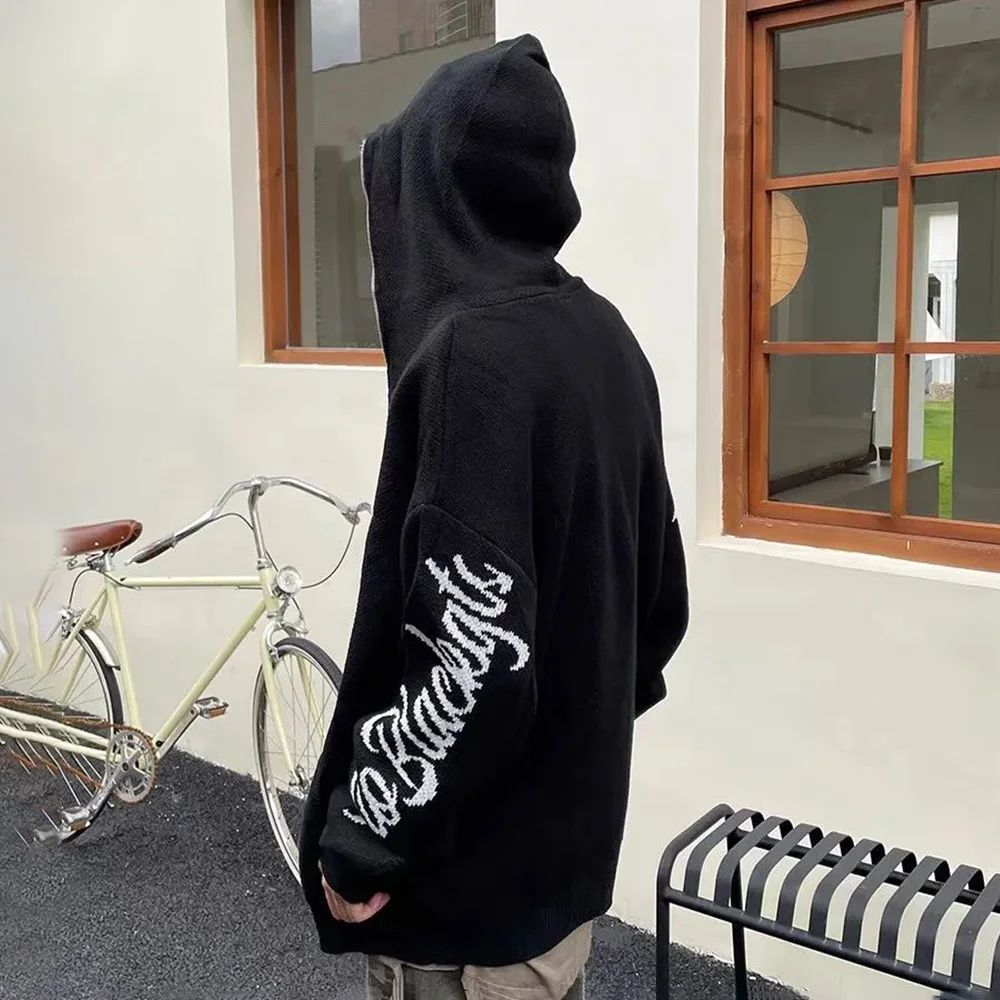 Star Zipper Cardigan Men Hooded Knitted Sweater Y2K Streetwear Spring Fall American Loose Casual All-match Hooded Sweater Jacket