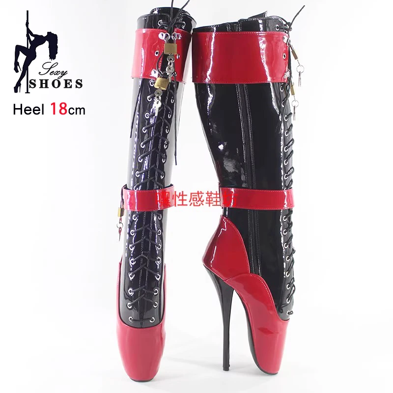 Lock Wrap Strap Sexy Mid-calf Boots For Woman Ballet Boots 18CM/7'' Lockable Padlocks Stiletto Lace-up Large Size Fetish Shoes