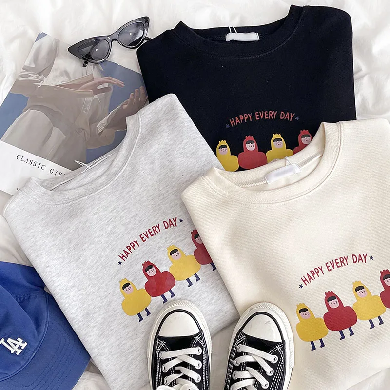 

Cute cartoon print basic all-match loose casual pullover sweatshirt women