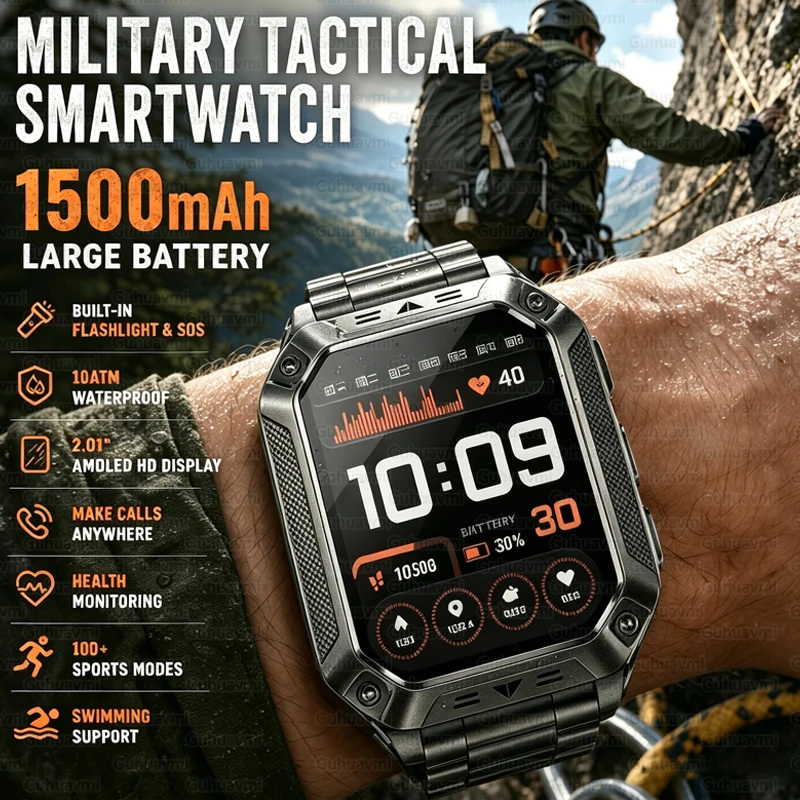 1500mAh Military Grade Smart Watch 100 Days Battery Life 10ATM Waterproof Bluetooth Call SOS Alert LED Flashlight Sports Watches 1