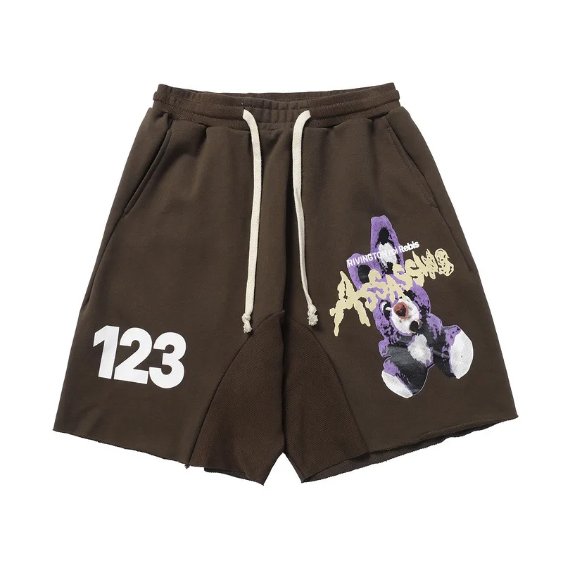 

Men's Y2k Streetwear RRR123 Bunny Patterned Athletic Shorts - Loose-fit Five-Pocket Shorts with Distressed Finish
