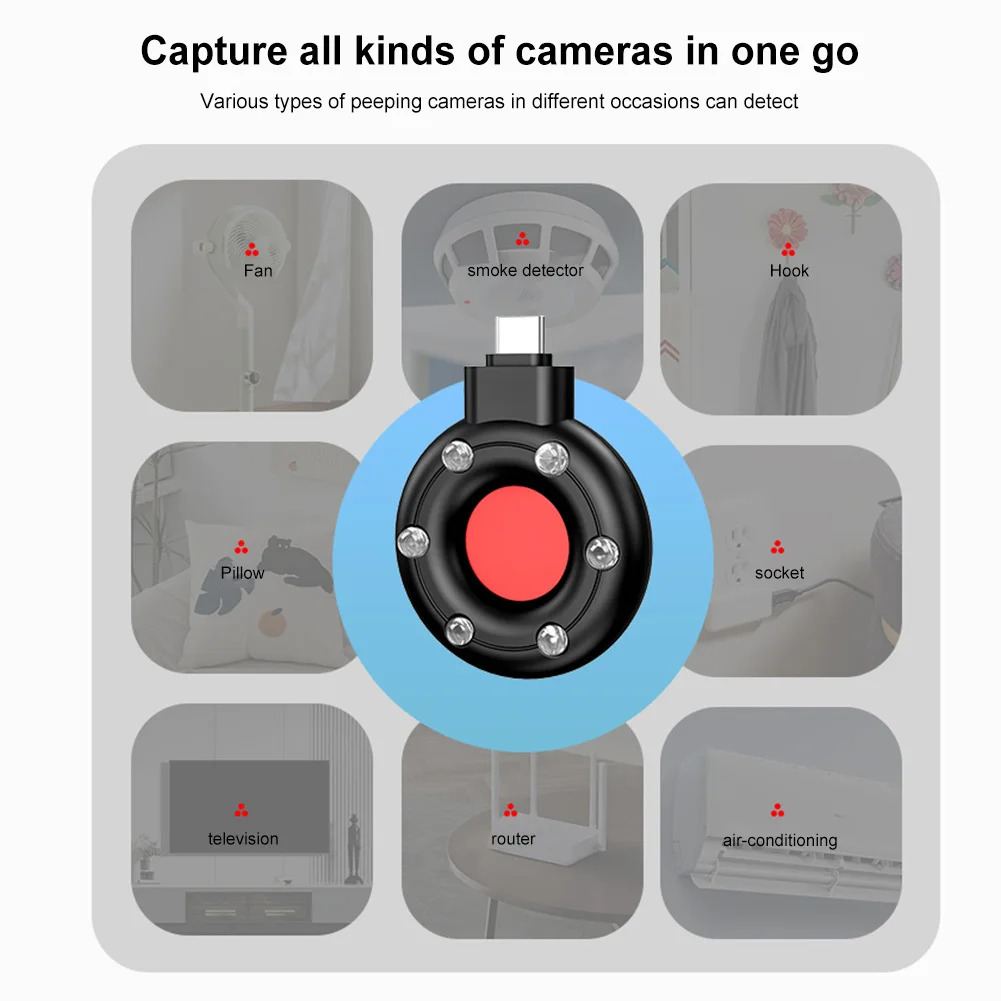 Portable Anti Candid Camera Detector Type-C Anti-Peeping Security Protection Gadget IR Alarm Camera Finder for Hotel Office