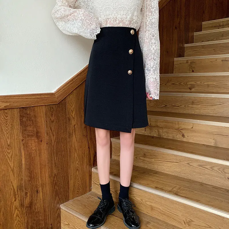 Summer Fashion Solid Casual Girl Slim Women's A-Line Dress School Ofice-Lady Soft Button Short Tweed Straight Skirt