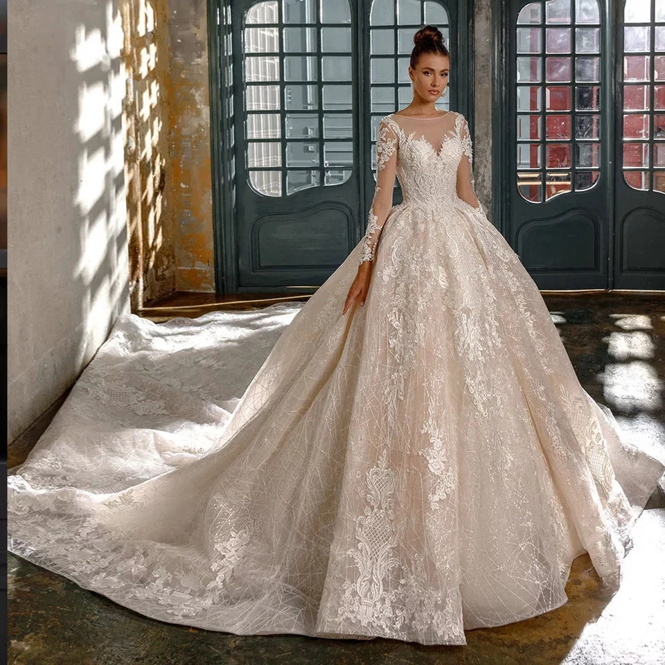 Champagner Ballkleid Brautkleider Elegante Spitzenapplikationen Lange Ärmel Luxuriöse Prinzessinnen-Brautkleider 2026 Illusion Robe De Mariee – Detail 3