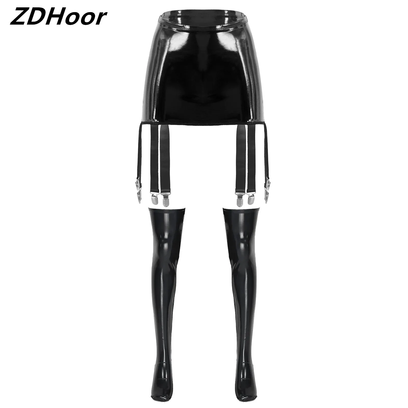

Womens Patent Leather Lingerie Set Wet Look High Waist Six Clips Garter Belt+1 Pair Thigh High Stockings Party Clubwear Hot