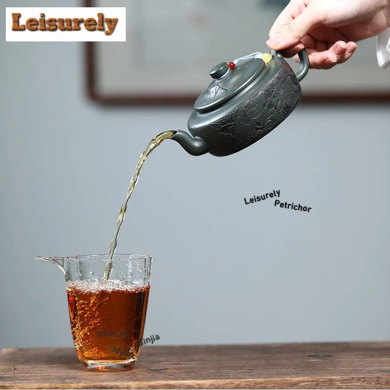 280ml Exquisite Yixing Purple Clay Teapots Handmade Lotus Fish Pot Raw Ore Blackish Green Mud Kettle With Filter Zisha Tea Set