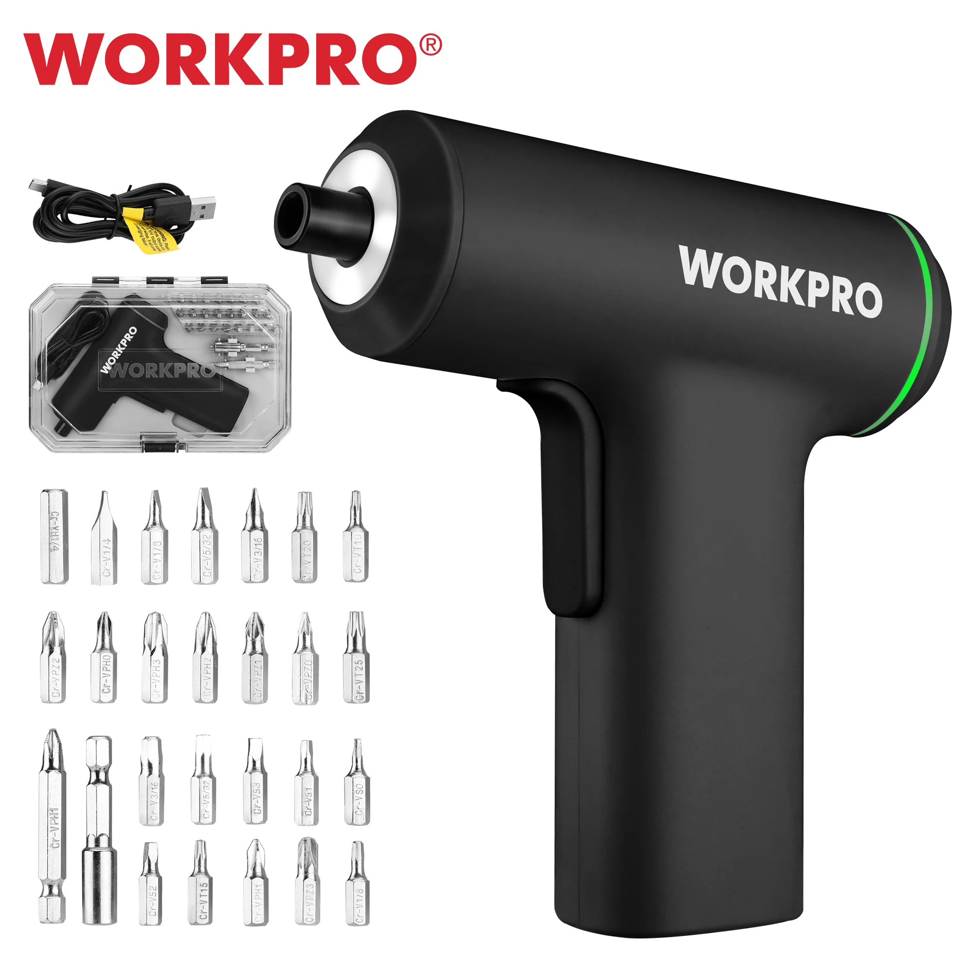 WORKPRO 3.6V Electric Cordless Screwdriver Set USB Rechargeable 1500mah Lithium-ion Battery Mini Drill Power tool Set